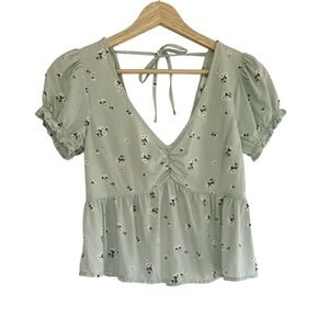 Hollister Sz XS Ruffle Short Sleeve Blouse Crop Top Green Floral Boho Tie‎ Y2K